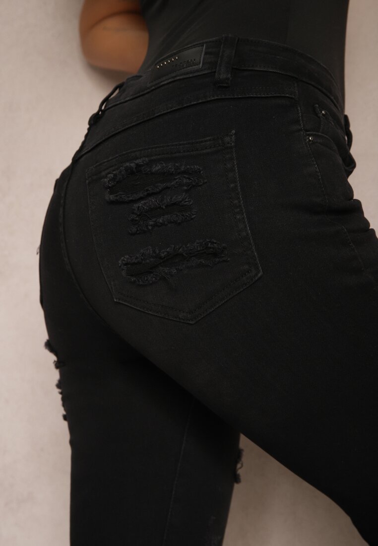 Czarne Skinny Jeansy z Dodatkiem Bawełny Ozdobione Dziurami i Przetarciami Evisi