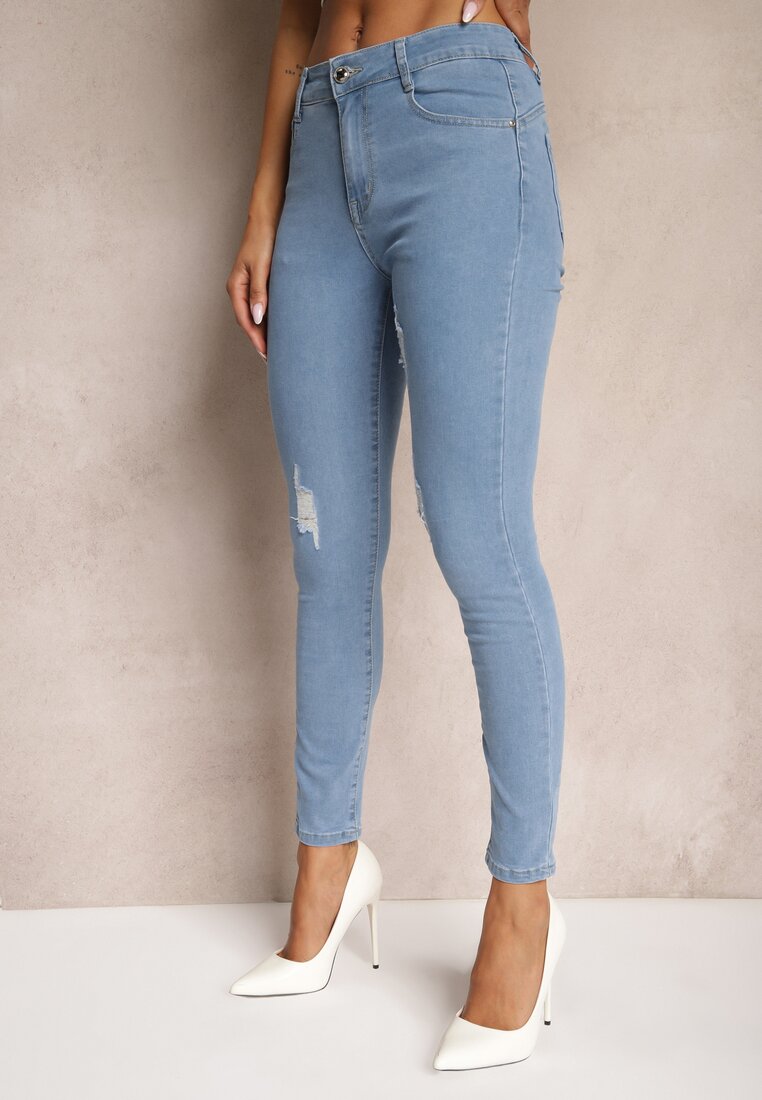 Niebieskie Jeansy Skinny Wykończone Przetarciami i Dziurami Evilenn