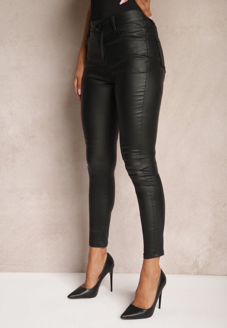 Czarne Spodnie Skinny High Waist z Dodatkiem Bawełny z Ekoskóry Nevitae
