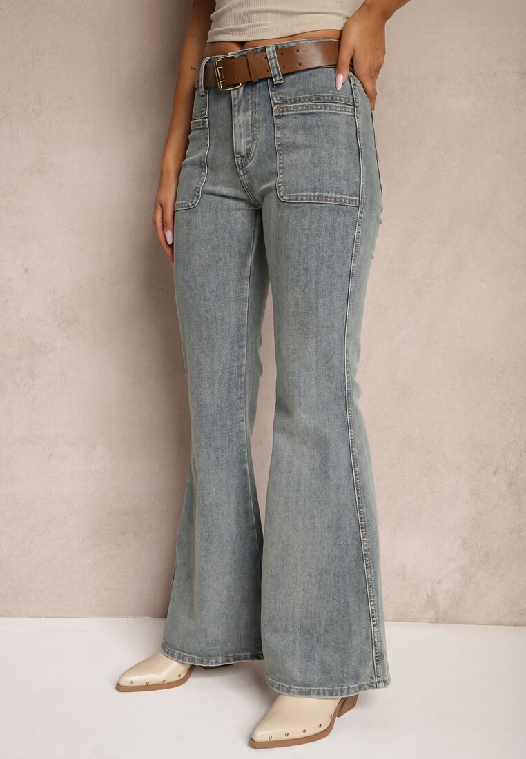 Jasnoniebieskie Jeansy z Bawełny Dzwony High Waist  z Paskiem i Ozdobnymi Kieszeniami Mevalia