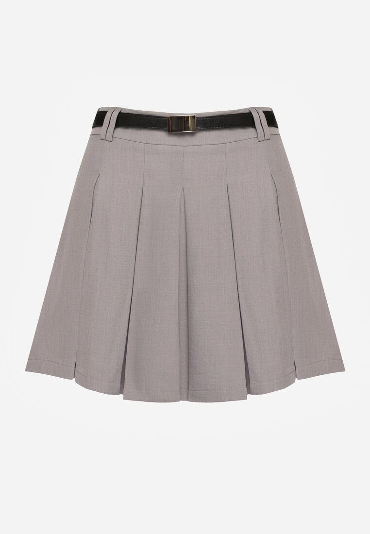 Szare Spódnico-Spodenki High Waist z Plisowaniem Wykończone Paskiem Eviennes