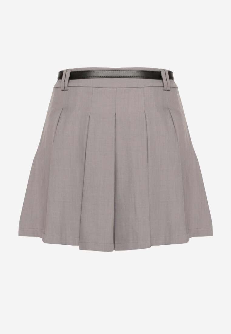 Szare Spódnico-Spodenki High Waist z Plisowaniem Wykończone Paskiem Eviennes