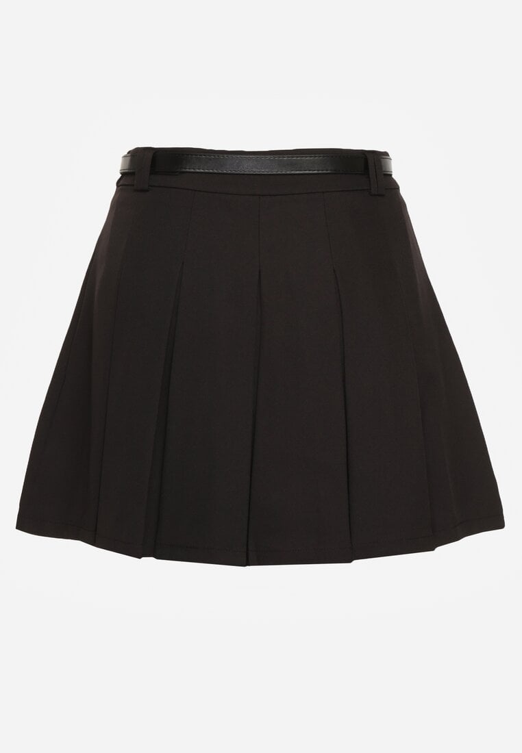 Czarne Spódnico-Spodenki High Waist z Plisowaniem Wykończone Paskiem Eviennes