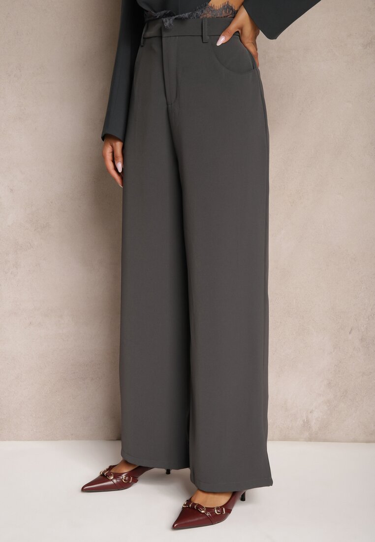 Szare Garniturowe Spodnie z Koronką o Szerokim Kroju High Waist Nevisha