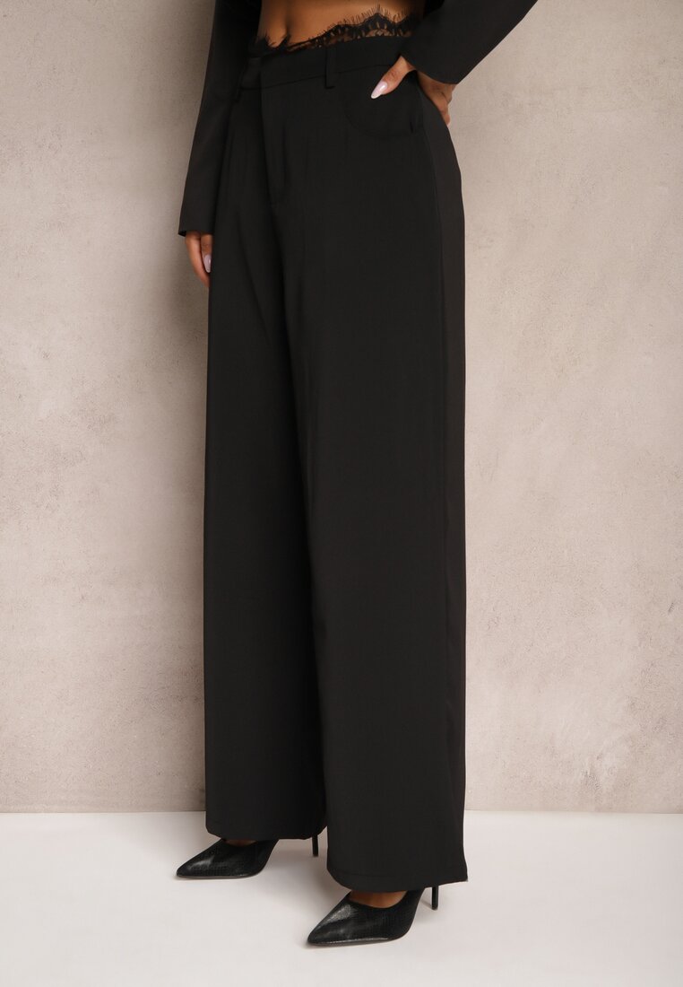 Czarne Garniturowe Spodnie z Koronką o Szerokim Kroju High Waist Nevisha