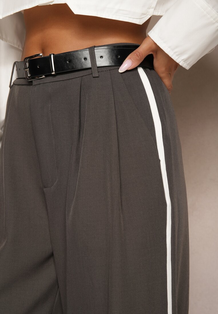 Szare Spodnie o Szerokim Kroju High Waist Ozdobione Paskiem i Lampasami Evilaia