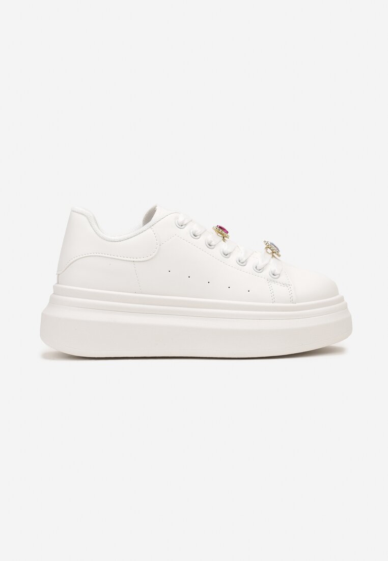 Białe Sneakersy na Platformie z Aplikacjami na Sznurówkach Neveahra