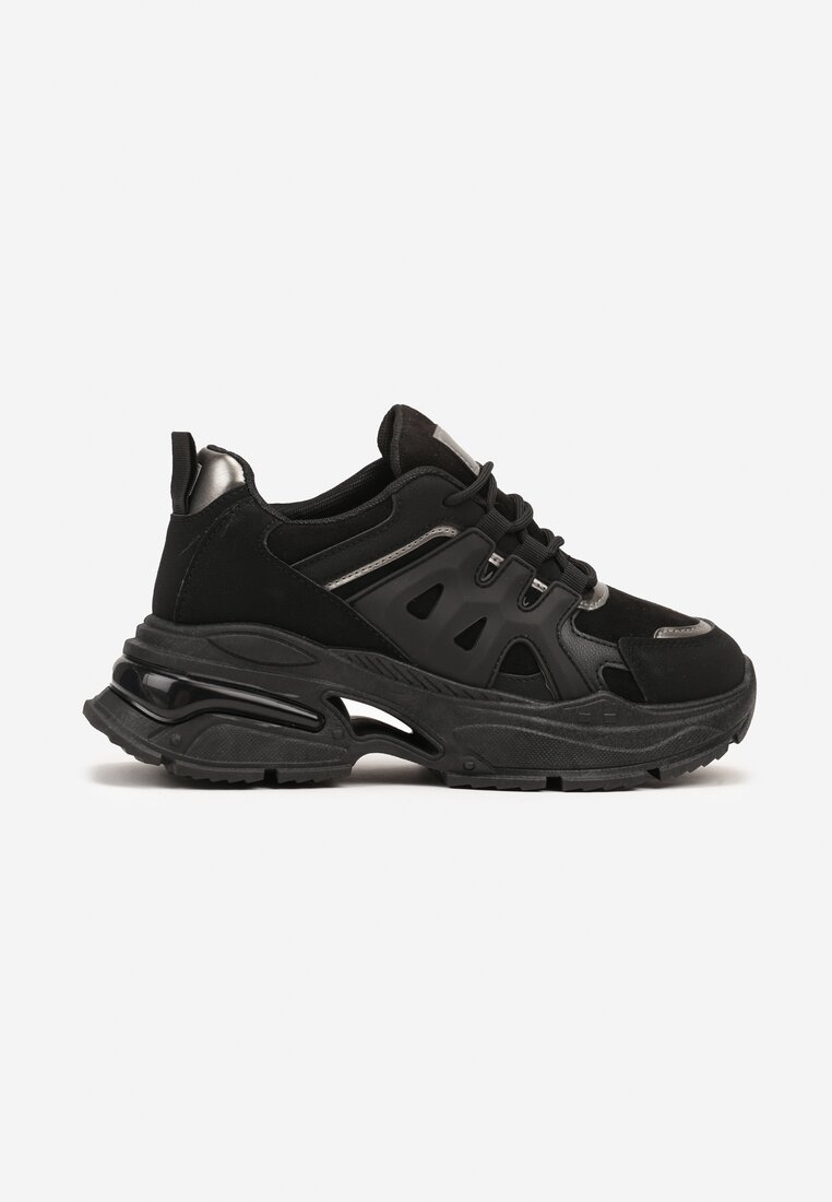 Czarne Sznurowane Sneakersy na Tłoczonej Platformie Nevettine