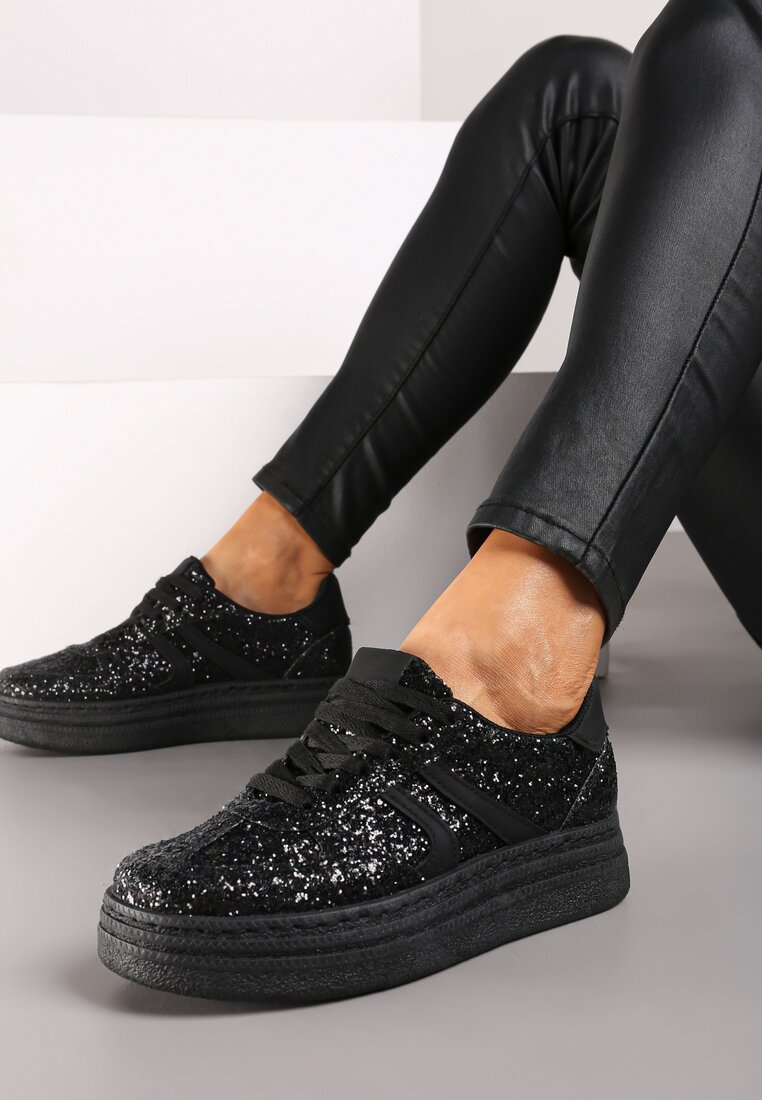 Czarne Brokatowe Sneakersy na Niskiej Platformie Nevilinna