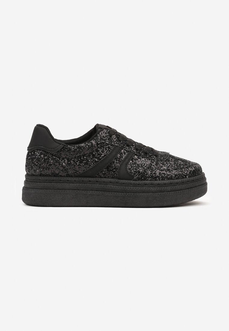 Czarne Brokatowe Sneakersy na Niskiej Platformie Nevilinna