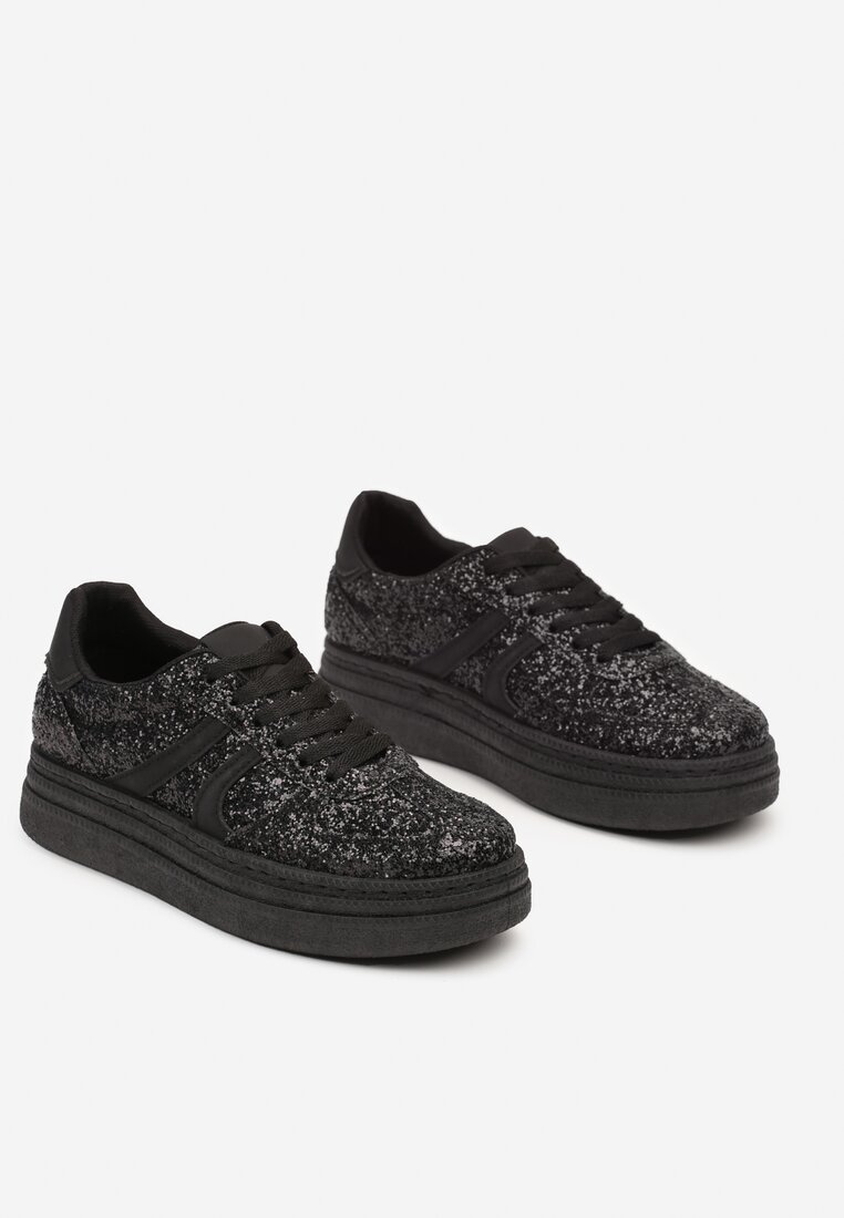 Czarne Brokatowe Sneakersy na Niskiej Platformie Nevilinna