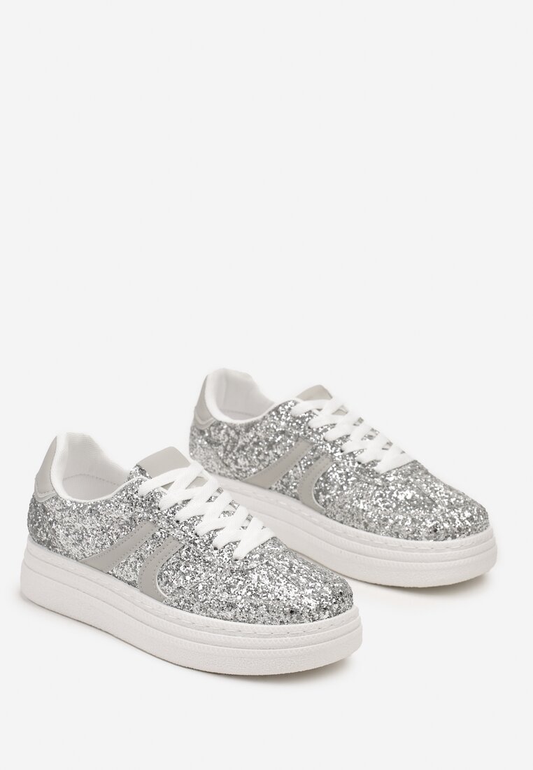 Srebrne Brokatowe Sneakersy na Niskiej Platformie Nevilinna