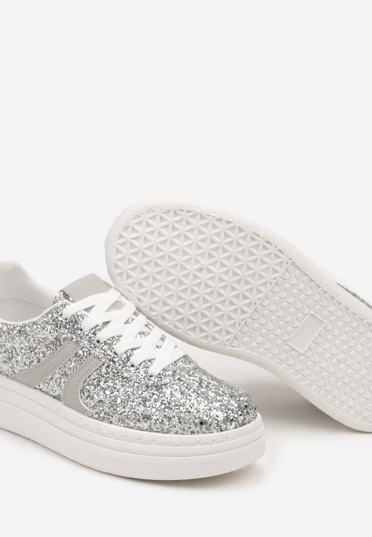 Srebrne Brokatowe Sneakersy na Niskiej Platformie Nevilinna