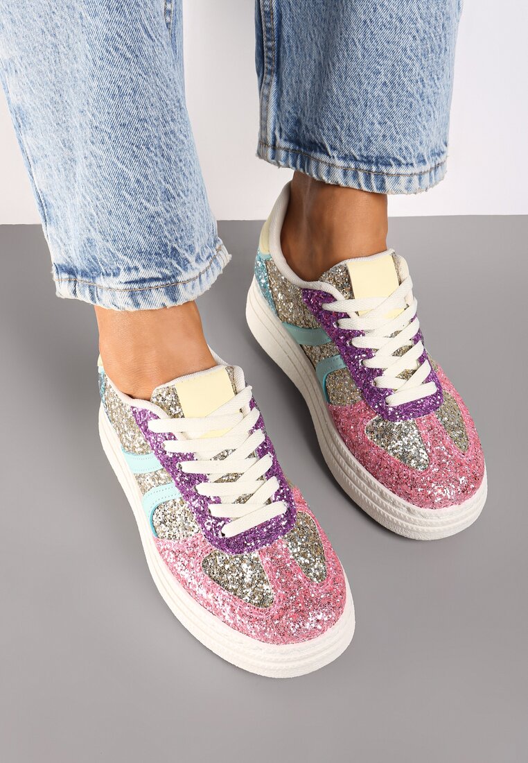Różowo-Niebieskie Brokatowe Sneakersy na Niskiej Platformie Nevilinna