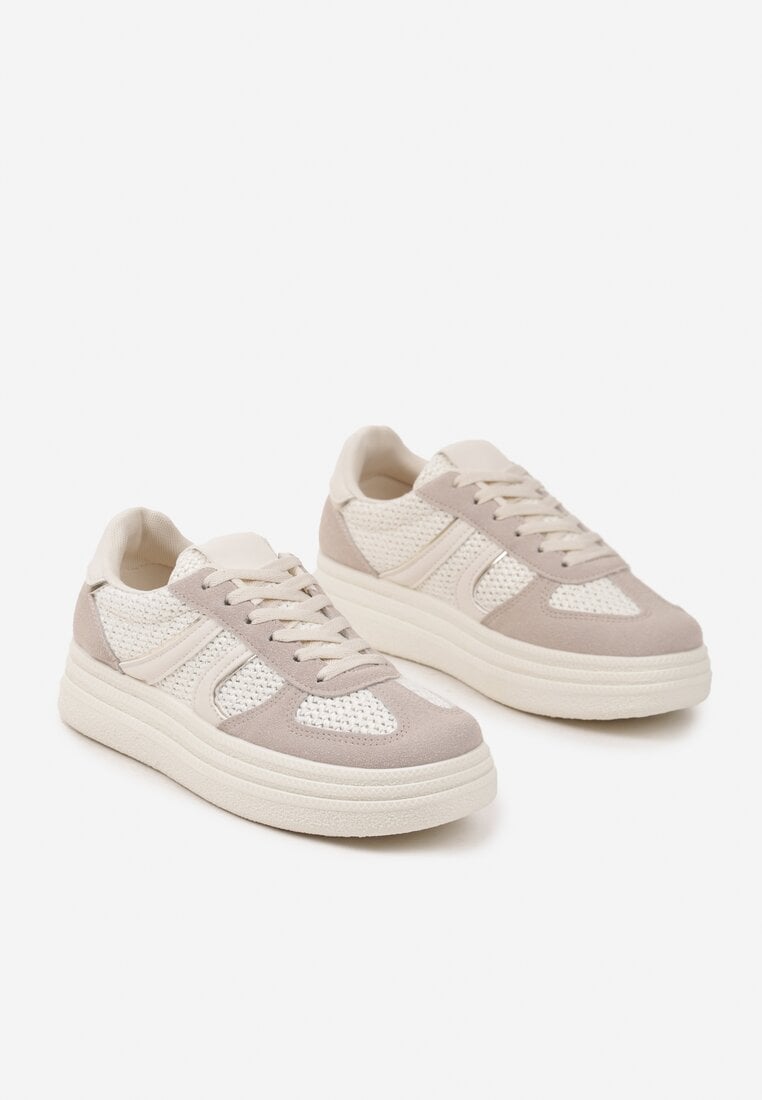 Beżowe Sneakersy na Platformie Ozdobione Geometrycznym Motywem Nevmira
