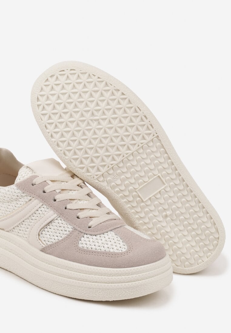 Beżowe Sneakersy na Platformie Ozdobione Geometrycznym Motywem Nevmira