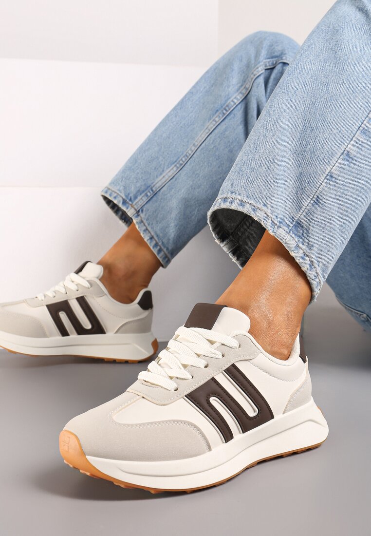 Szaro-Brązowe Sznurowane Sneakersy na Płaskiej Podeszwie Ozdobione Paskami Nevlaia