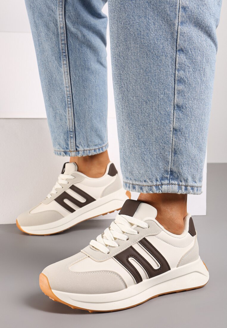Szaro-Brązowe Sznurowane Sneakersy na Płaskiej Podeszwie Ozdobione Paskami Nevlaia