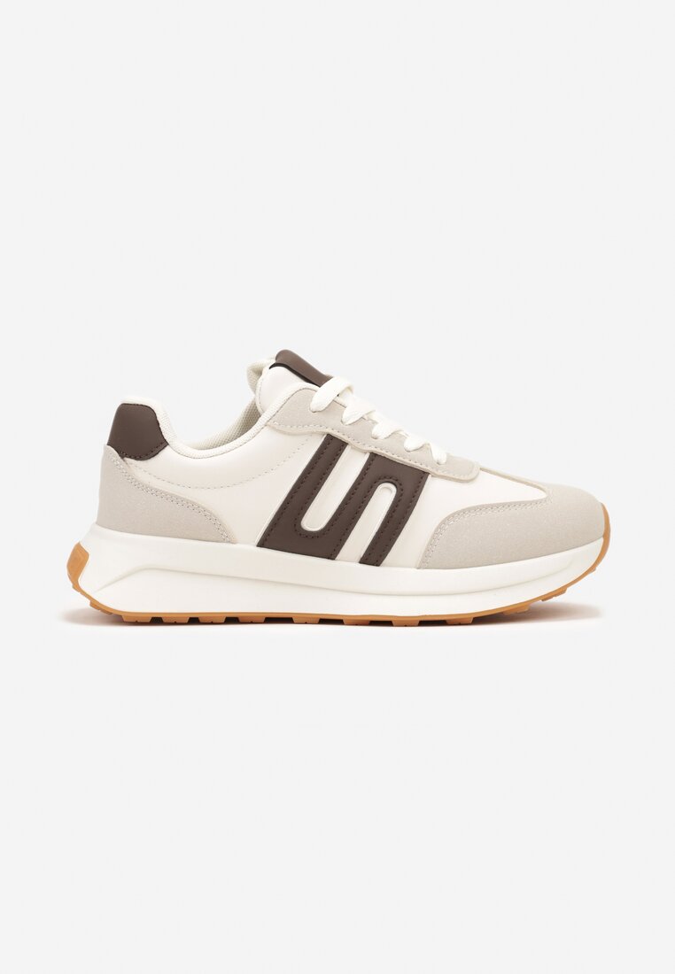 Szaro-Brązowe Sznurowane Sneakersy na Płaskiej Podeszwie Ozdobione Paskami Nevlaia