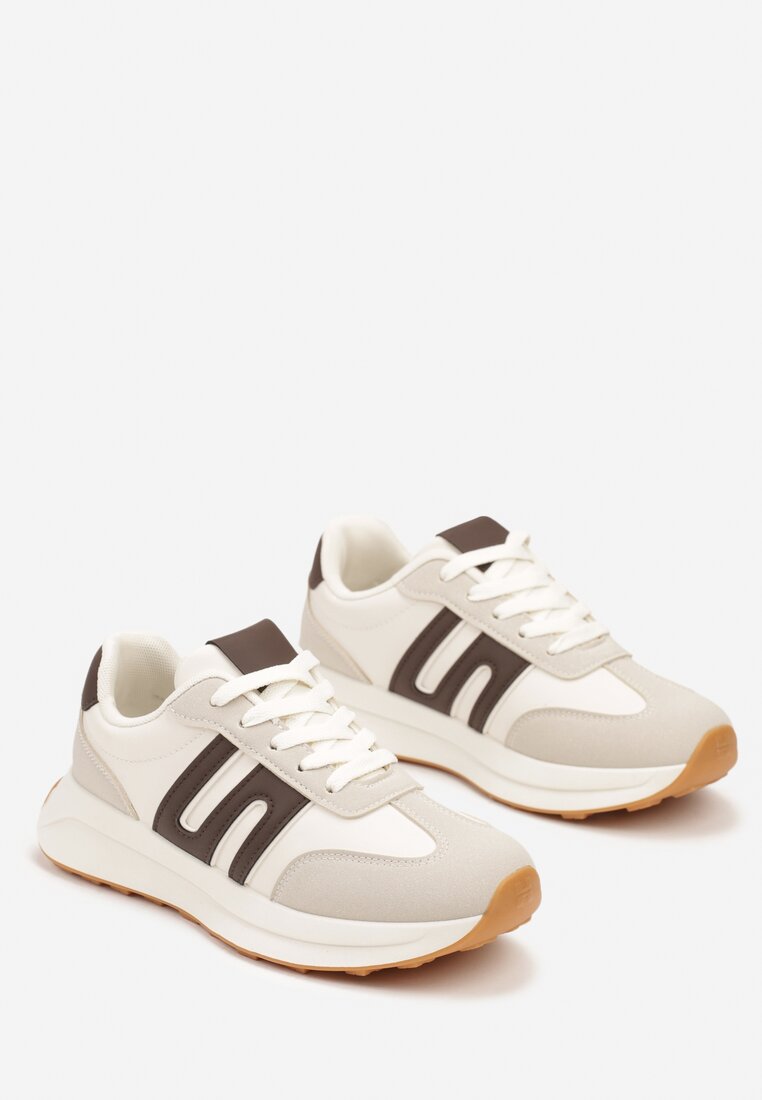Szaro-Brązowe Sznurowane Sneakersy na Płaskiej Podeszwie Ozdobione Paskami Nevlaia