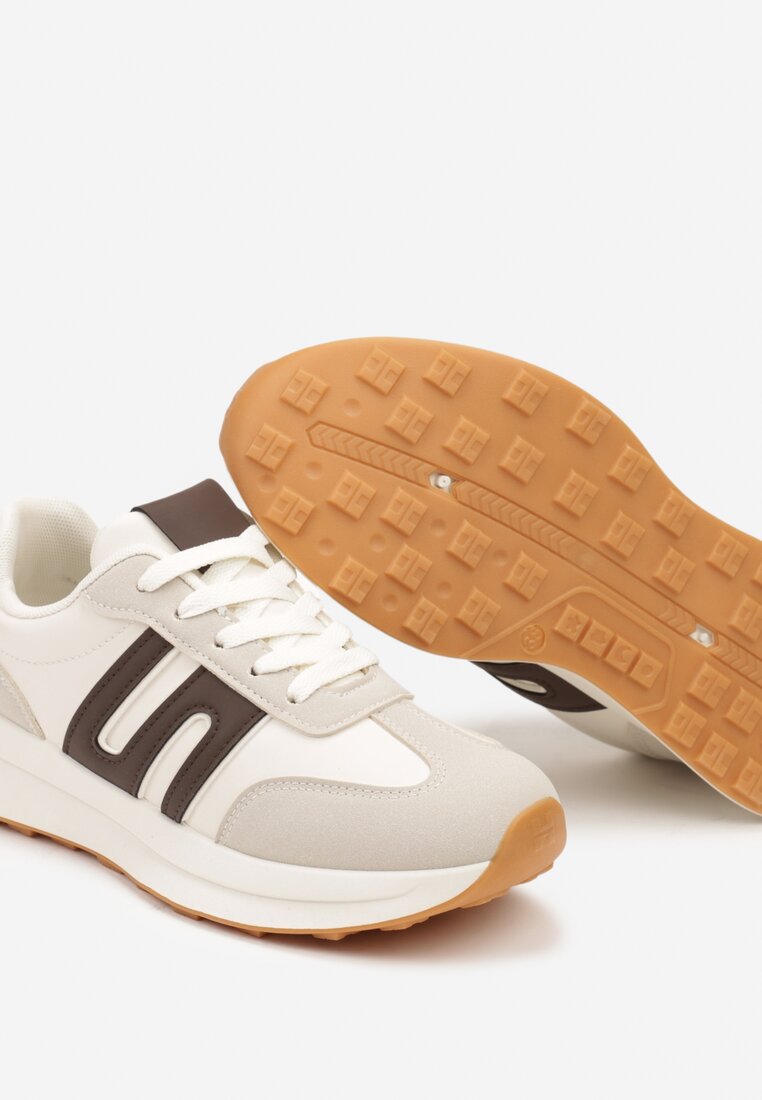 Szaro-Brązowe Sznurowane Sneakersy na Płaskiej Podeszwie Ozdobione Paskami Nevlaia
