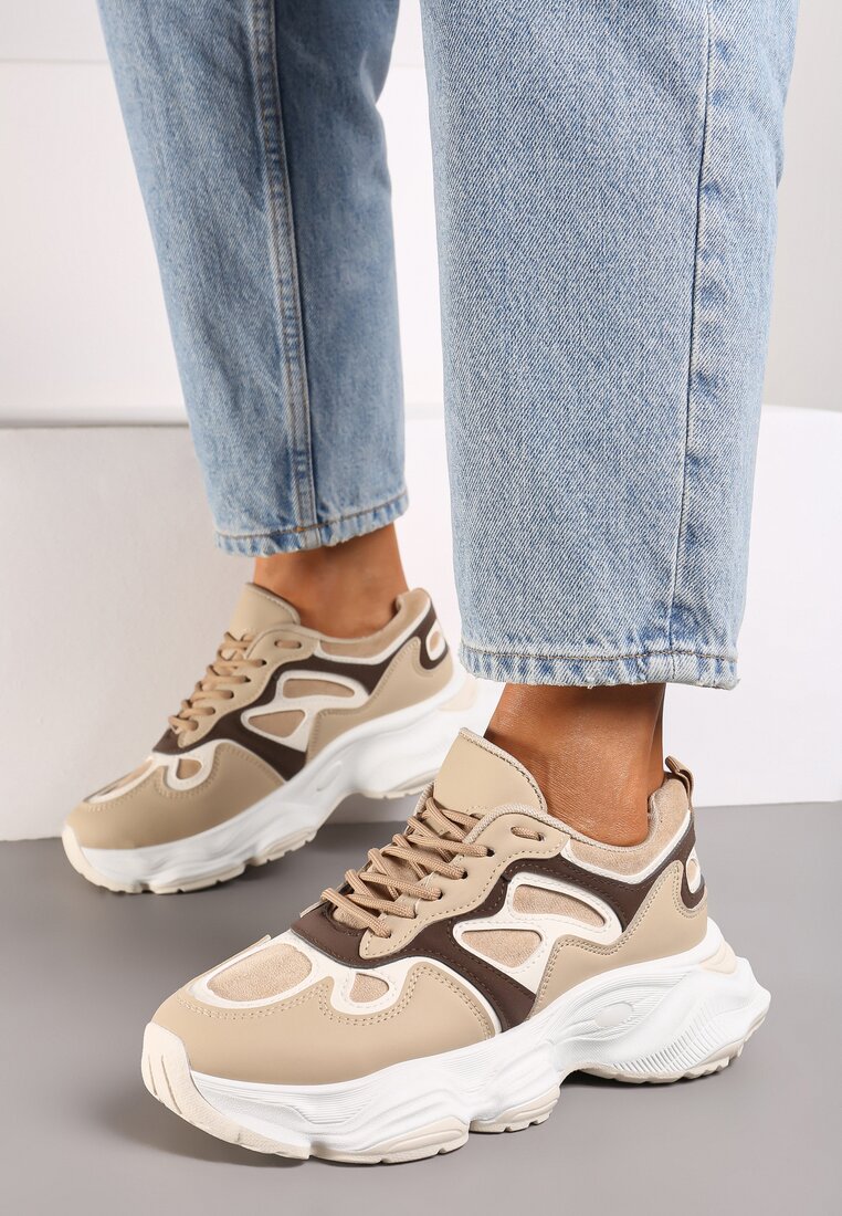 Beżowe Casualowe Sneakersy na Platformie z Geometrycznym Motywem Mevalise