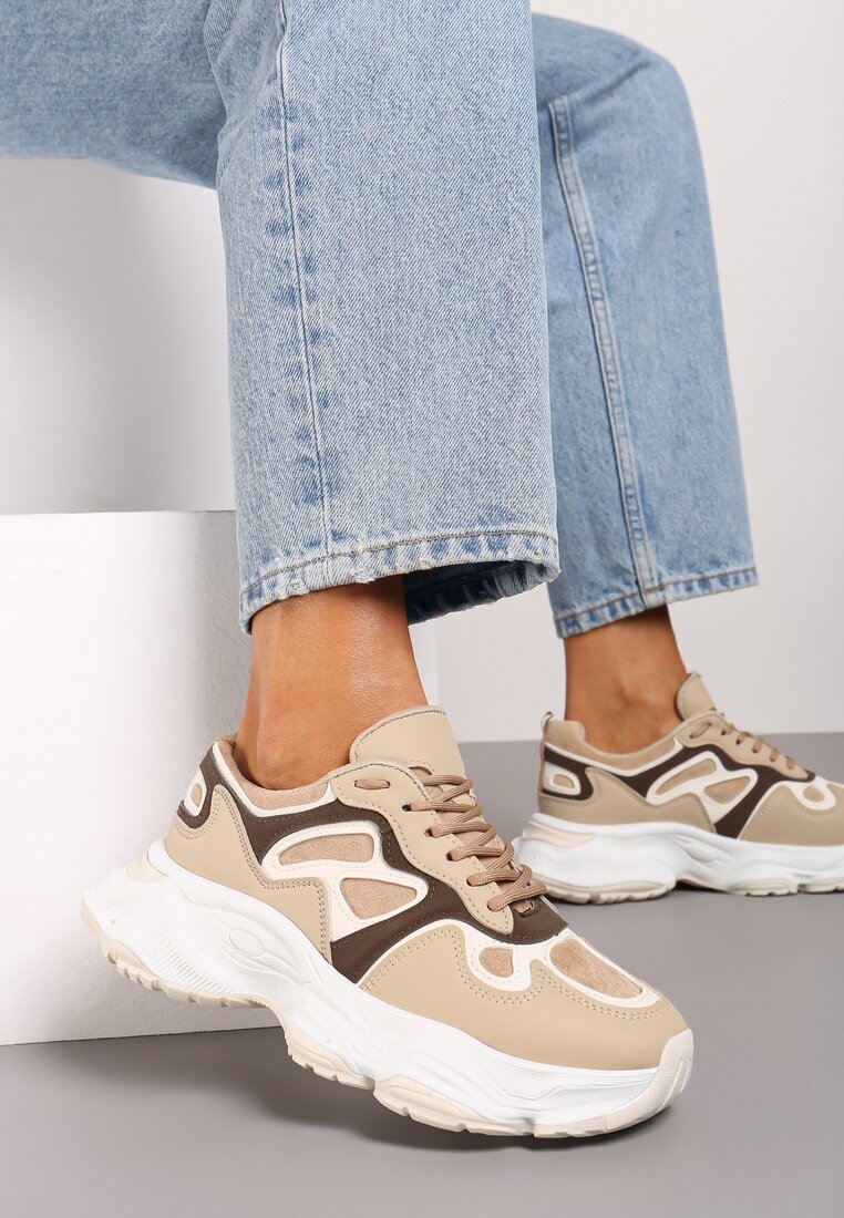 Beżowe Casualowe Sneakersy na Platformie z Geometrycznym Motywem Mevalise