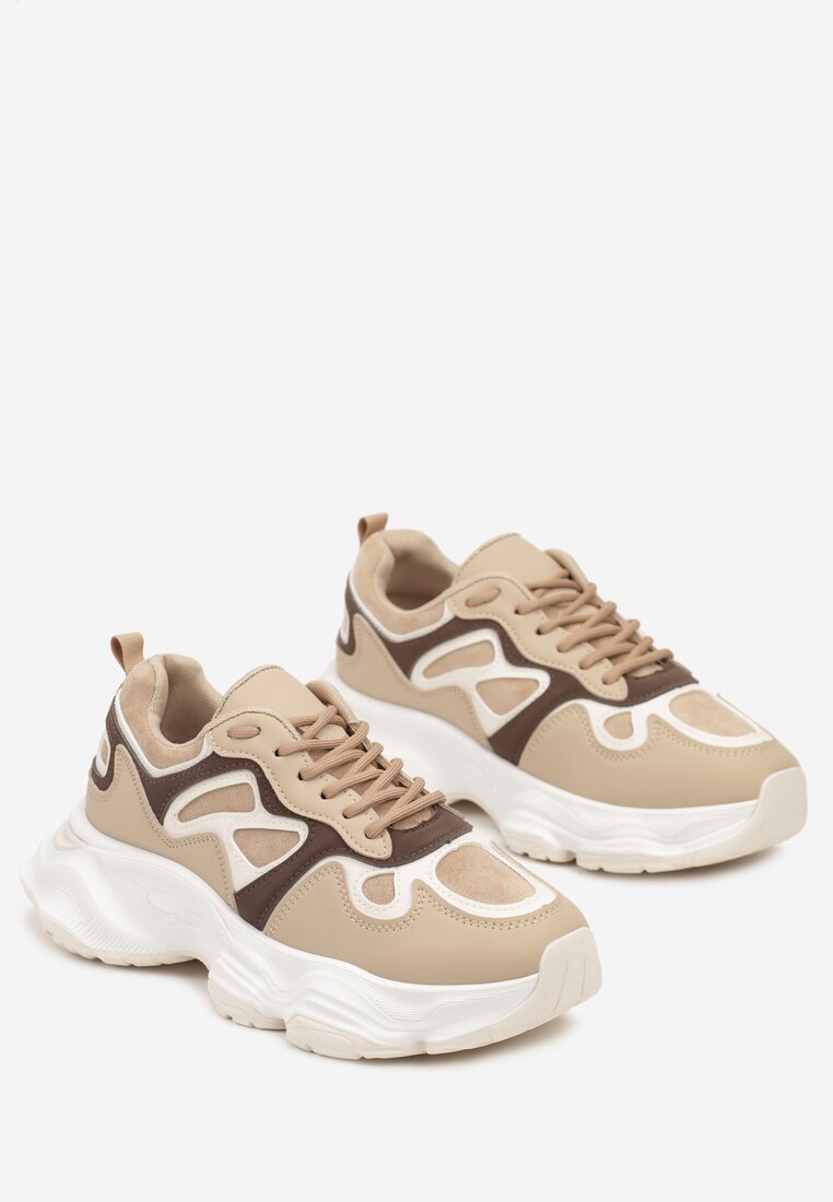 Beżowe Casualowe Sneakersy na Platformie z Geometrycznym Motywem Mevalise