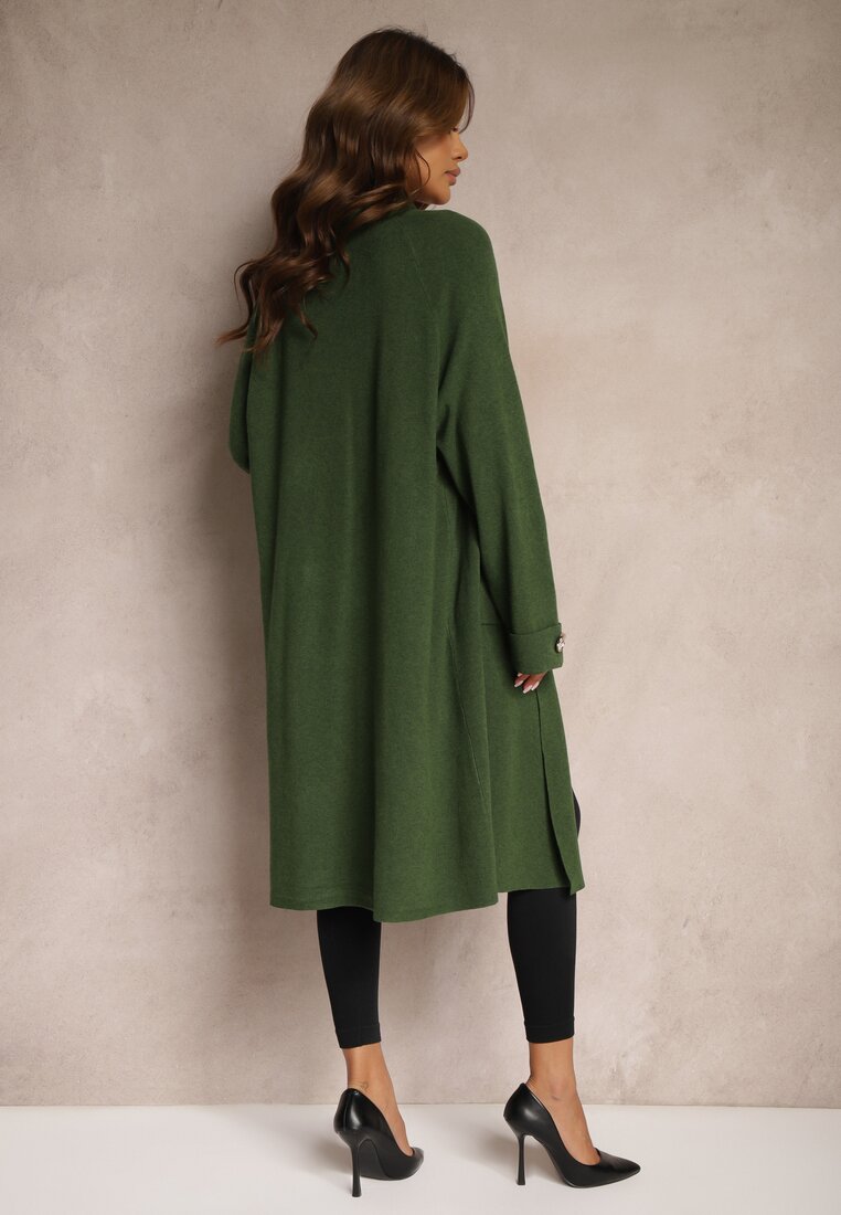 Zielony Kardigan z Wiskozą i Modalem Ozdobiony na Rękawach Guzikami Velestra