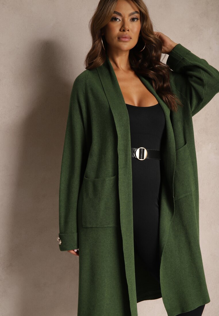 Zielony Kardigan z Wiskozą i Modalem Ozdobiony na Rękawach Guzikami Velestra