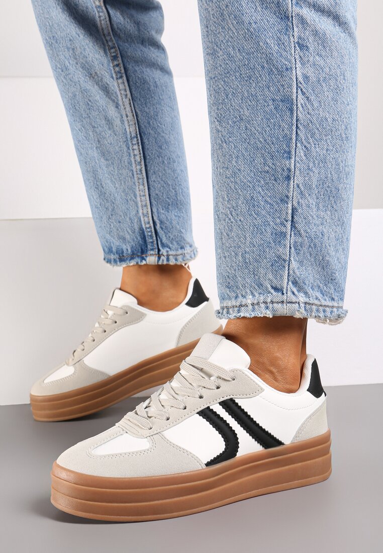 Biało-Czarne Sneakersy na Platformie Wykończone Paskami Mivalie