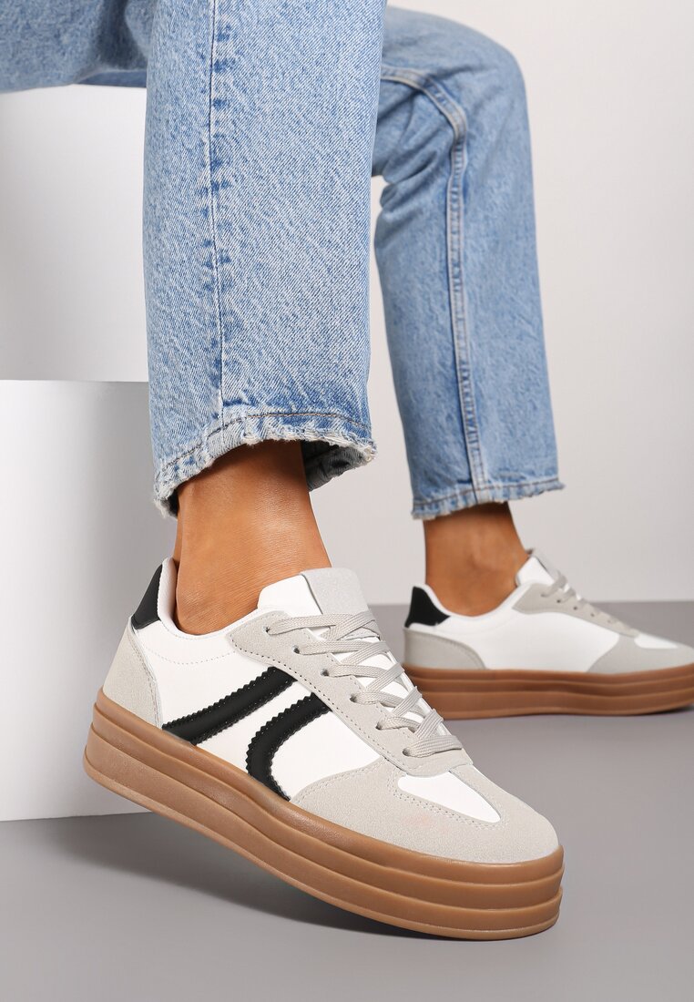 Biało-Czarne Sneakersy na Platformie Wykończone Paskami Mivalie