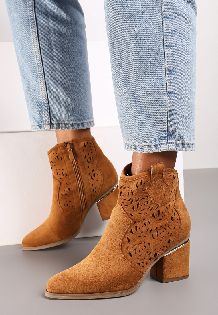 Brązowe Botki Boho z Ażurową Cholewką Mivalaya