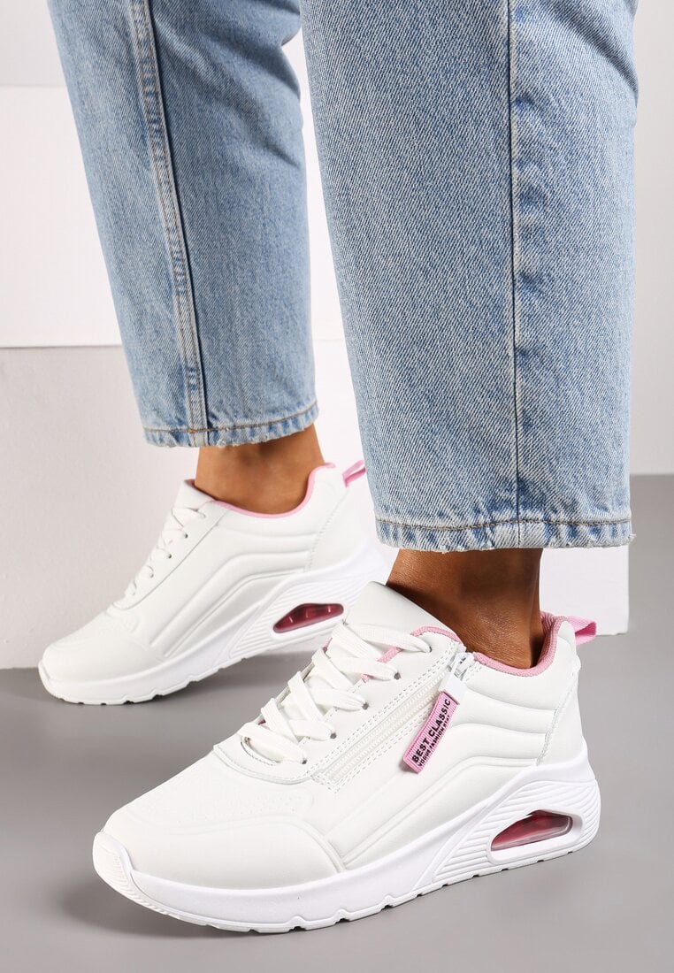 Biało-Różowe Sneakersy na Platformie z Przezroczystą Wstawką i Suwakiem z Napisami Valentinae