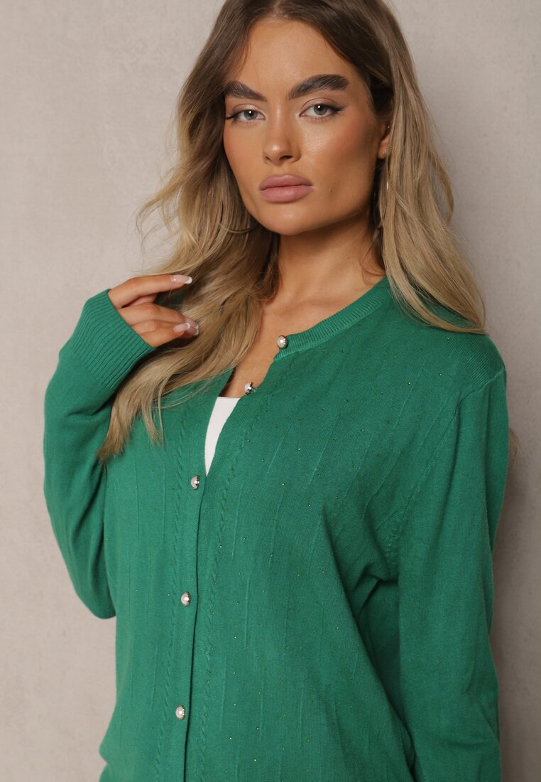 Zielony Kardigan z Dodatkiem Bawełny Ozdobiony Cyrkoniami Zapinany na Guziki Mevanine