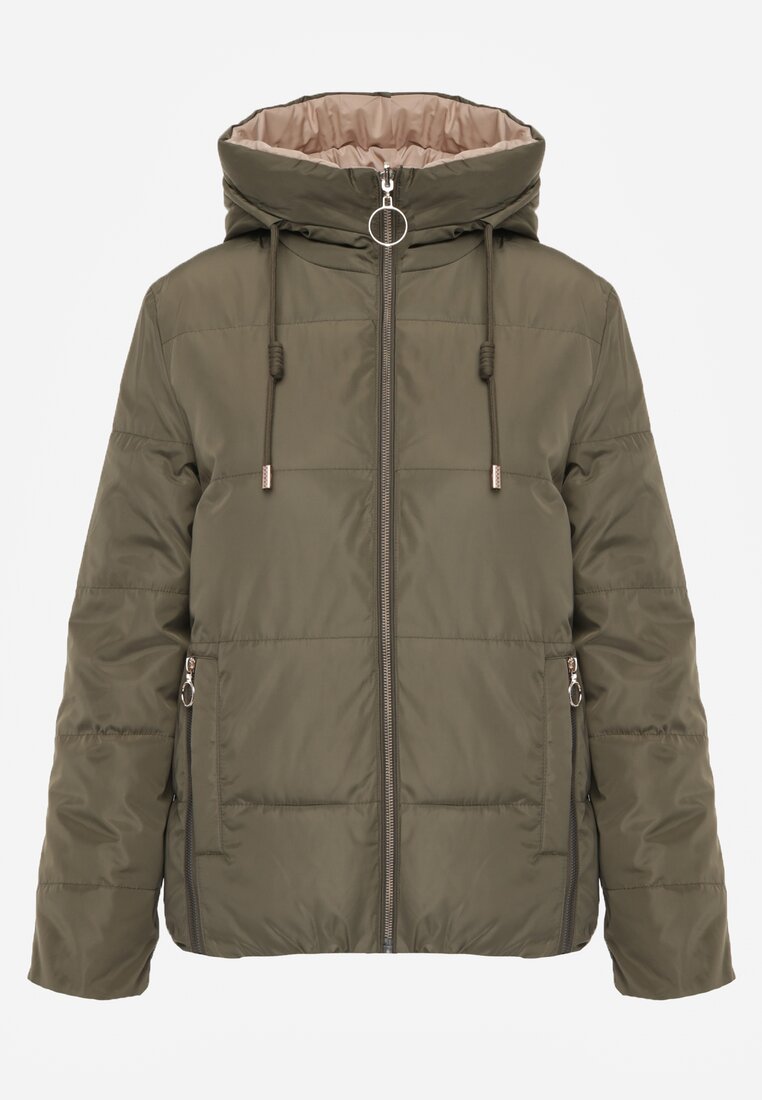 Ciemnozielona Pikowana Kurtka Dwustronna z Kapturem Ozdobiona Suwakami Nevetila