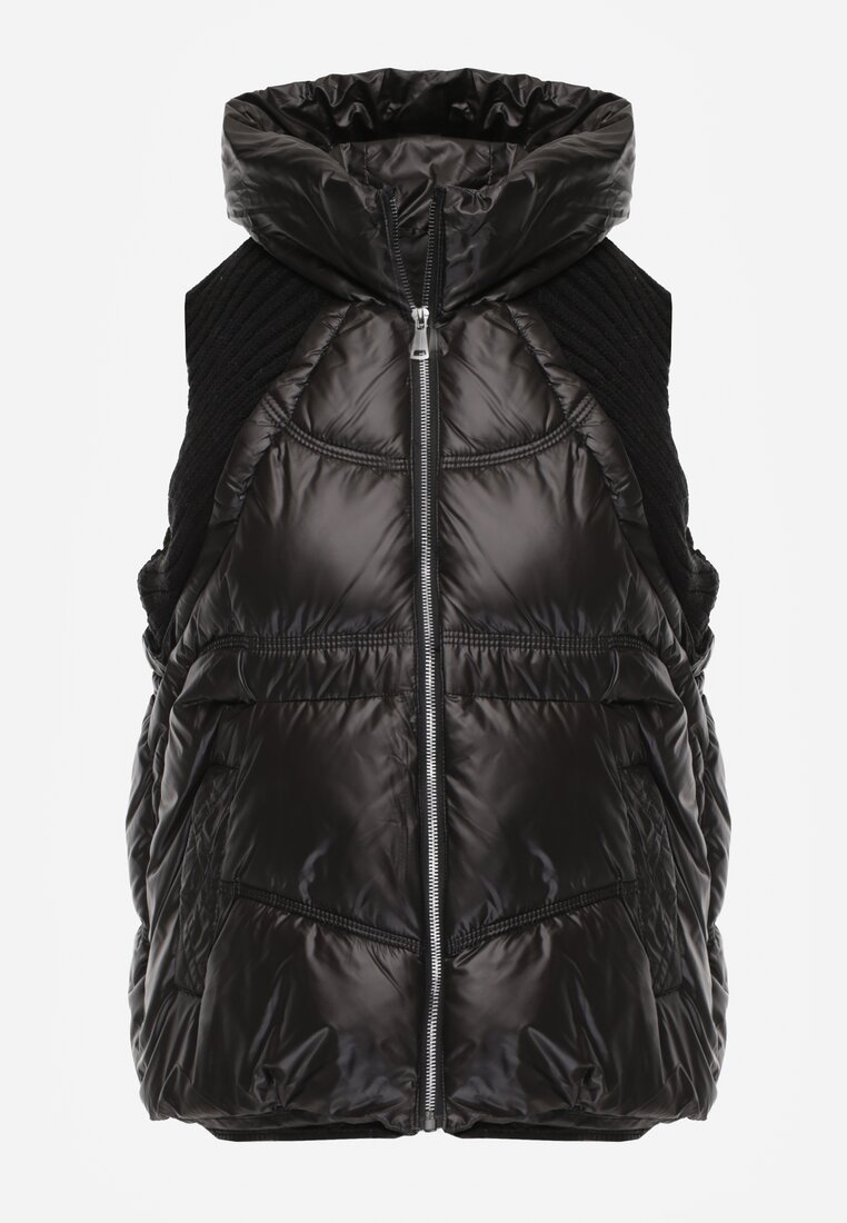 Czarna Kamizelka z Kapturem Wykończona Ściągaczami Timamar