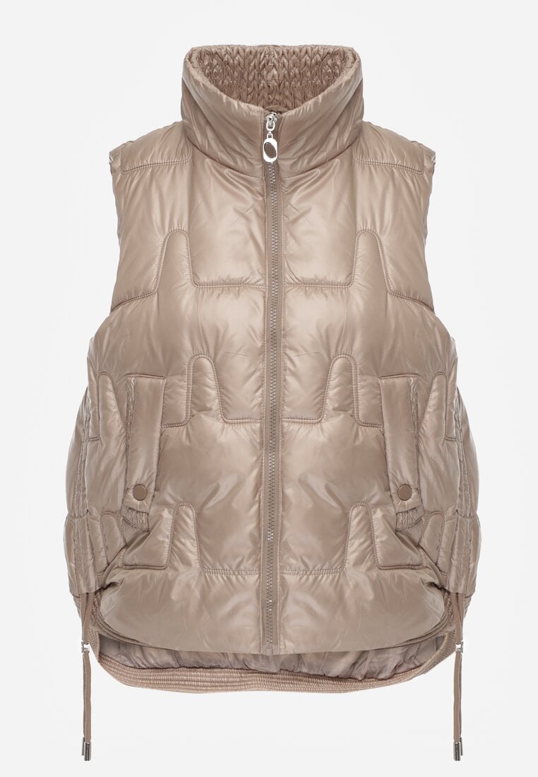 Ciemnobeżowa Kamizelka Pikowana Ozdobiona Troczkami i Stójką Terinora