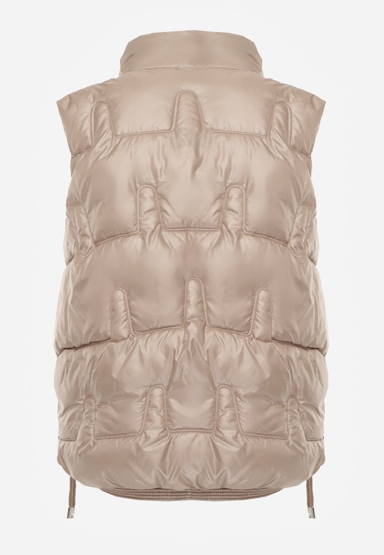 Ciemnobeżowa Kamizelka Pikowana Ozdobiona Troczkami i Stójką Terinora