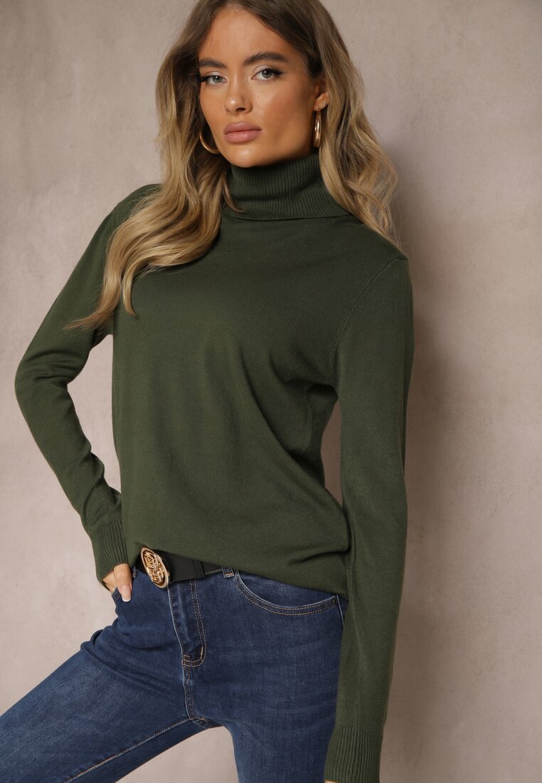 Ciemnozielony Klasyczny Golf Longsleeve z Dodatkiem Wiskozy Leriona
