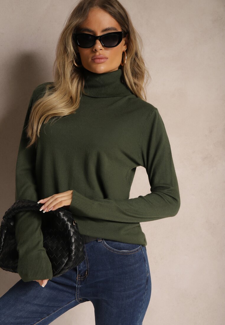 Ciemnozielony Klasyczny Golf Longsleeve z Dodatkiem Wiskozy Leriona