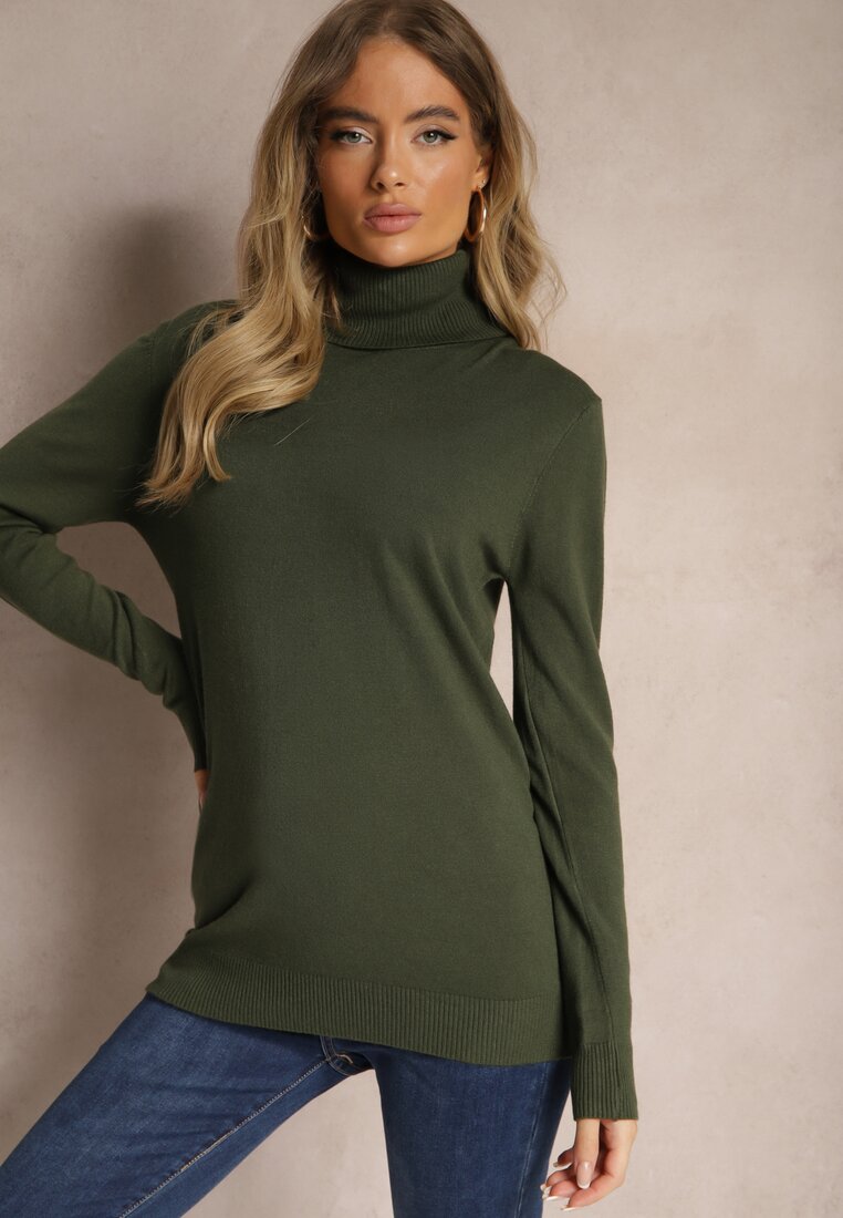 Ciemnozielony Klasyczny Golf Longsleeve z Dodatkiem Wiskozy Leriona