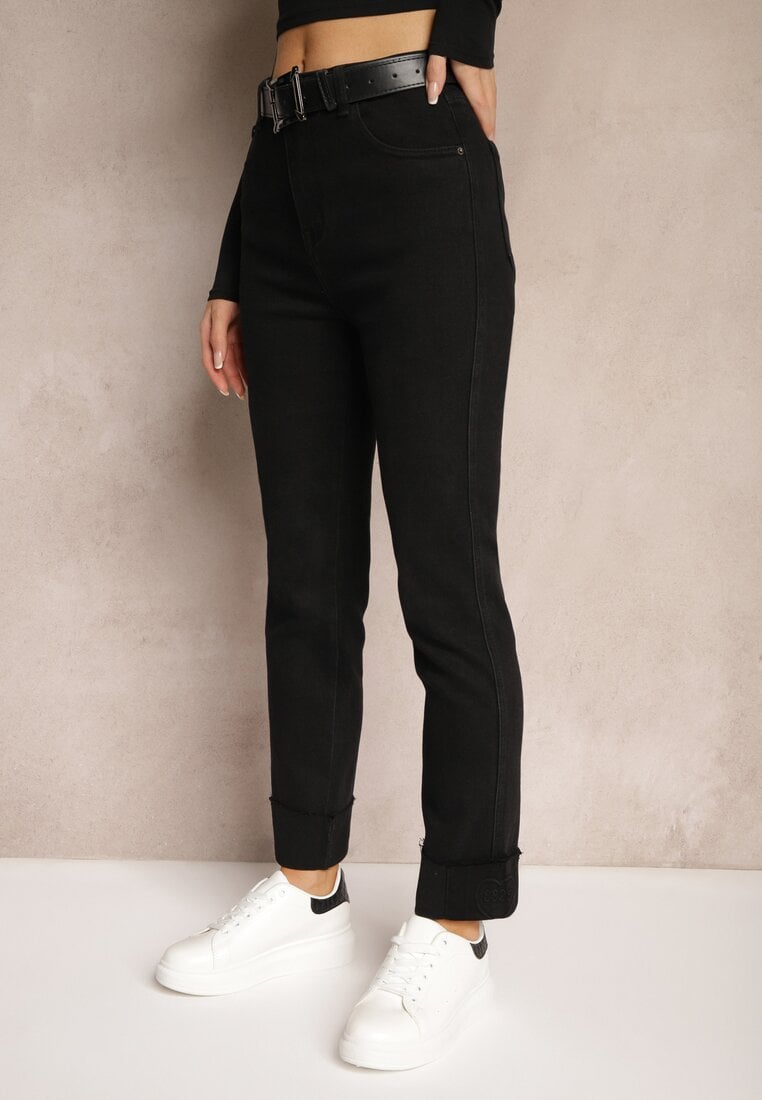 Czarne Jeansy High Waist z Paskiem z Klamrą i Podwiniętymi Nogawkami Lerialen