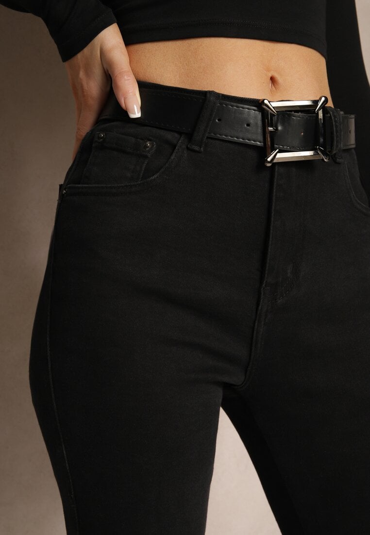 Czarne Jeansy High Waist z Paskiem z Klamrą i Podwiniętymi Nogawkami Lerialen