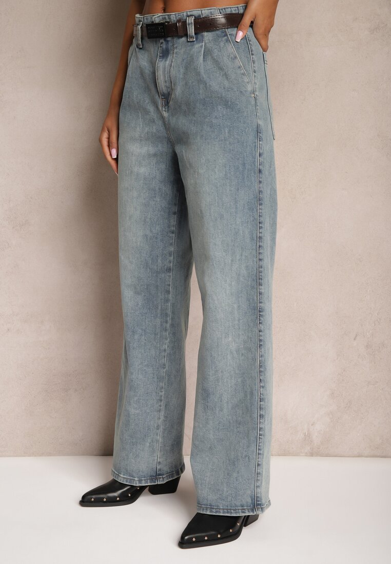 Jasnoniebieskie Bawełniane Szerokie Jeansy High Waist Ozdobione Paskiem Terilainas