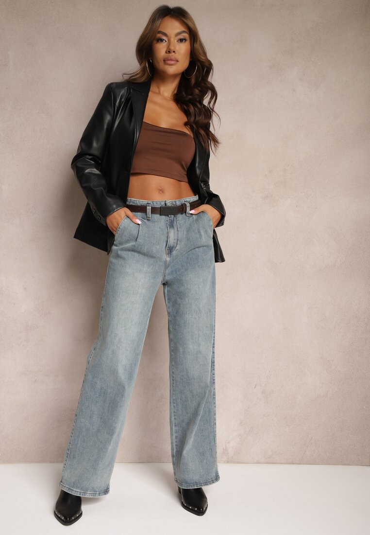 Jasnoniebieskie Bawełniane Szerokie Jeansy High Waist Ozdobione Paskiem Terilainas