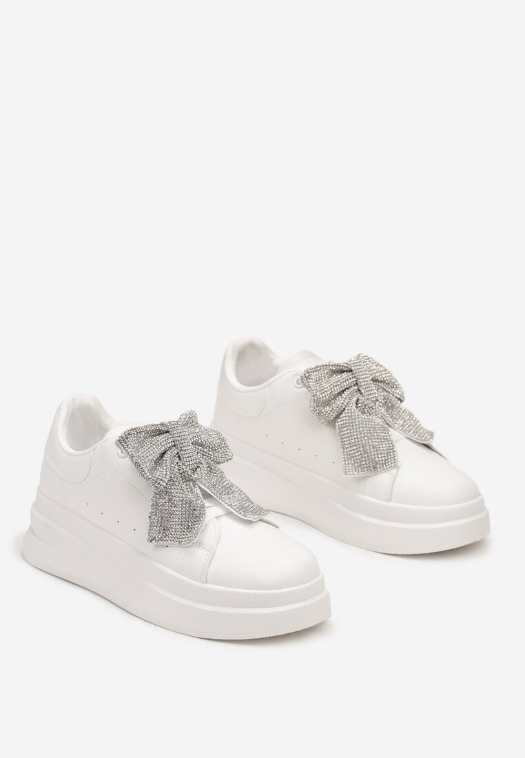 Białe Sneakersy na Platformie z Odpinaną Kokardą z Cyrkonii Terithe