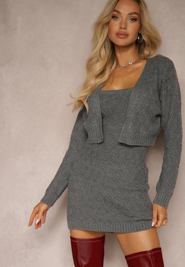 Szary Komplet Sweterkowy z Dodatkiem Wiskozy Kardigan i Sukienka na Ramiączkach Terisaes