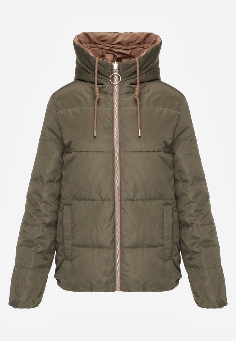 Ciemnobeżowa  Pikowana Kurtka Dwustronna z Kapturem Ozdobiona Suwakami Nevetila