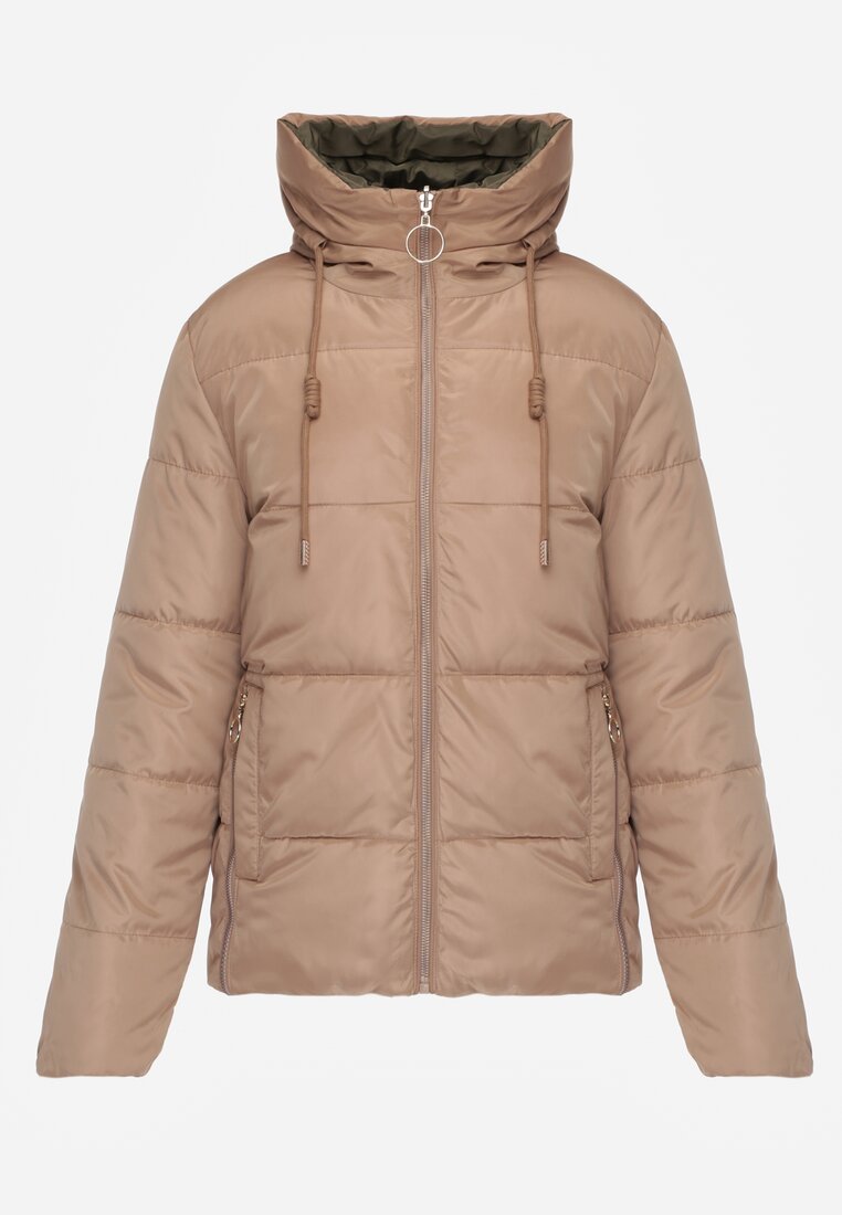 Ciemnobeżowa  Pikowana Kurtka Dwustronna z Kapturem Ozdobiona Suwakami Nevetila